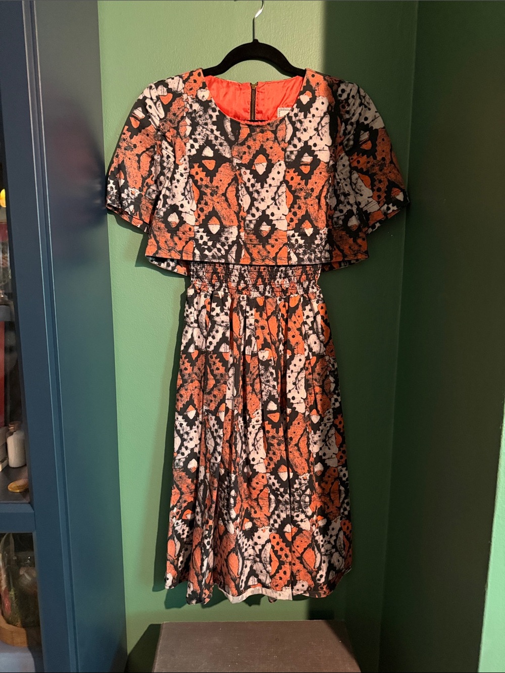Autumn Adeigbo Orange, Black & White Printed Midi Dress